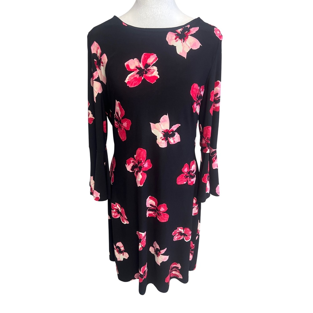 Tommy Hilfiger Floral Dress Bell Sleeve Sz 6 Black Pink Shift Wedding Feminine